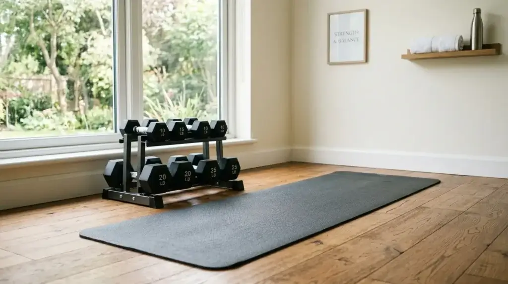 Dumbbells and a mat in a home gym setting