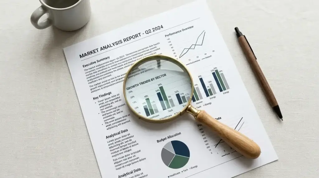 A magnifying glass over printed research charts