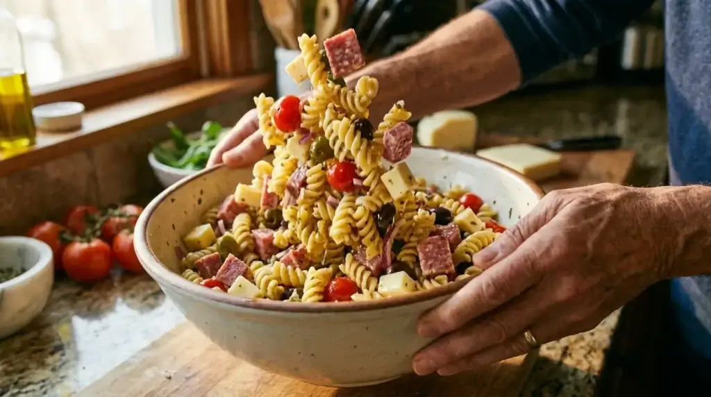 Tossing grinder pasta salad with red wine vinegar dressing