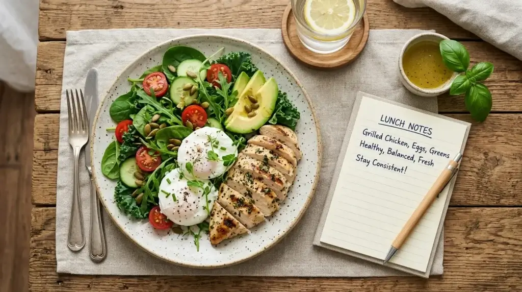 A balanced plate with grilled chicken, eggs, and leafy greens next to a notepad