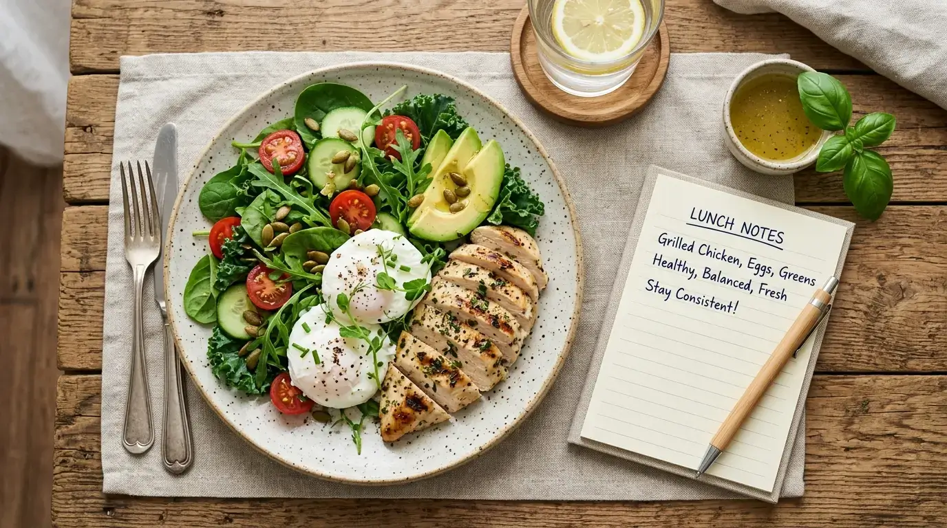A balanced plate with grilled chicken, eggs, and leafy greens next to a notepad