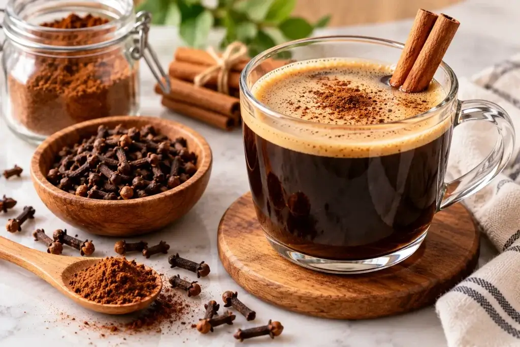 Clove and cinnamon coffee with whole cloves and cinnamon sticks