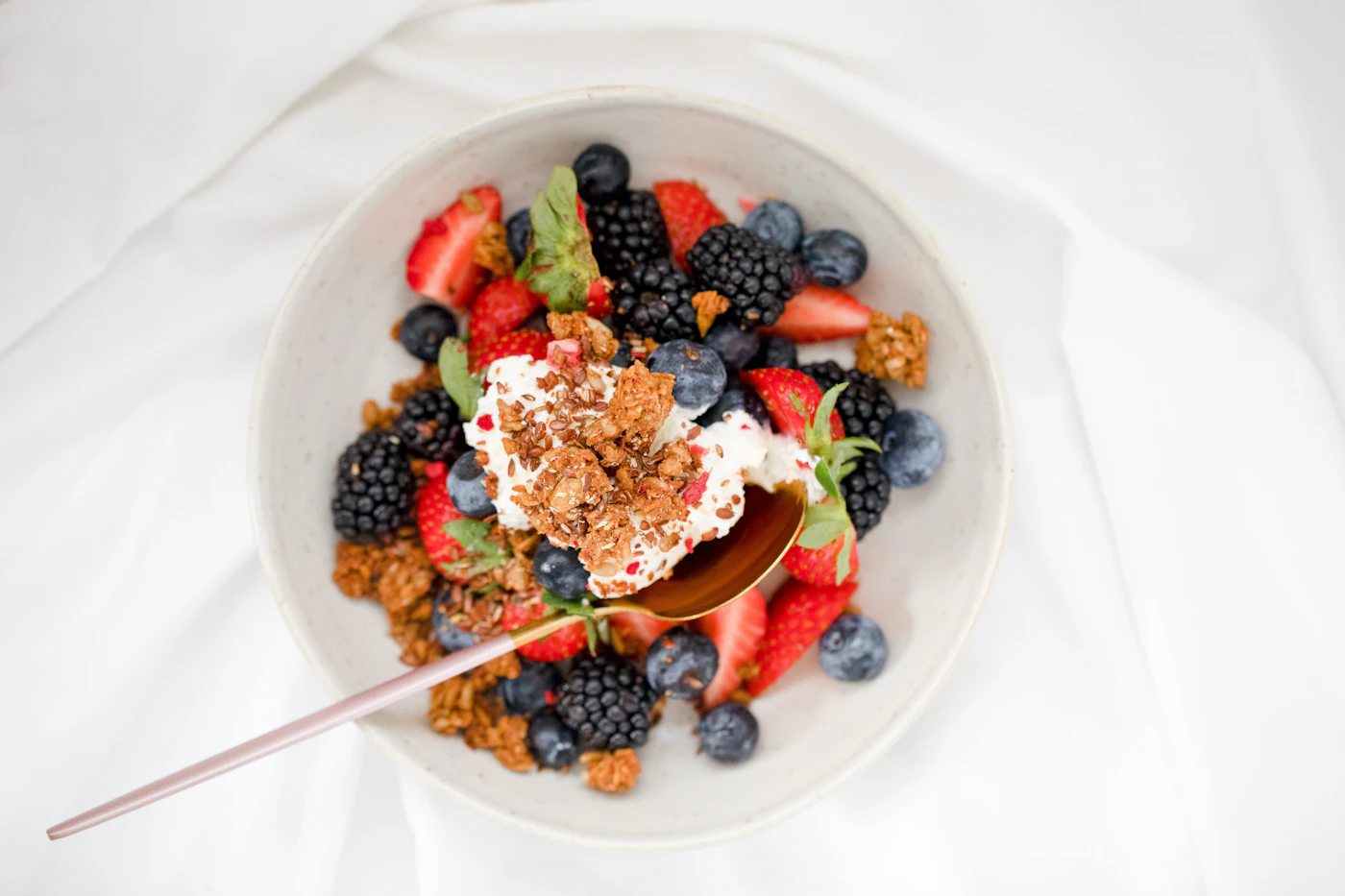 Greek yogurt breakfast bowl with berries, chia seeds and oats