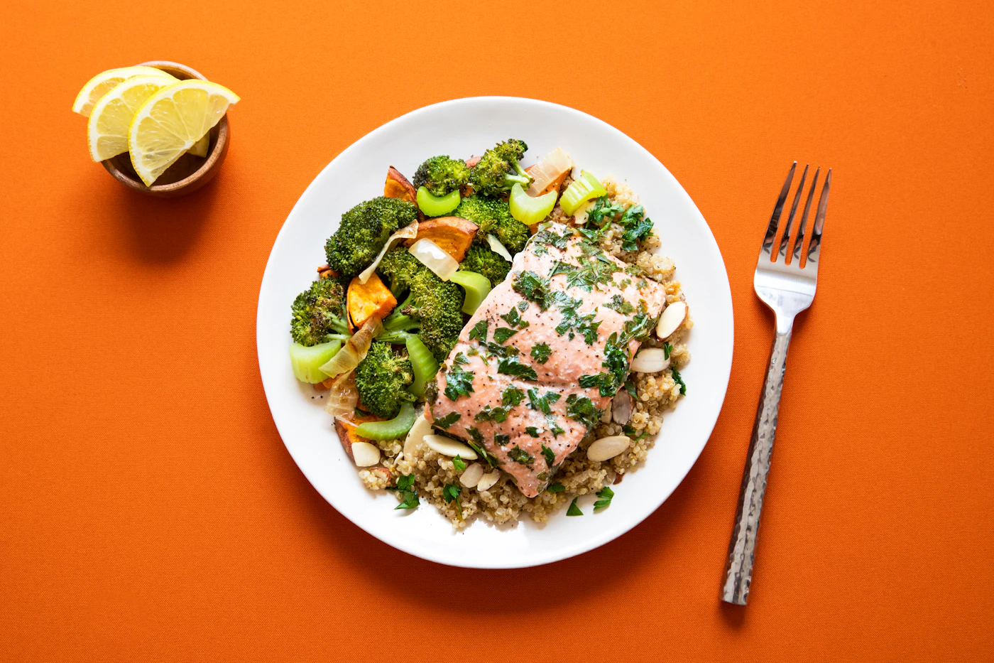 Salmon quinoa and vegetable dinner with protein and fiber