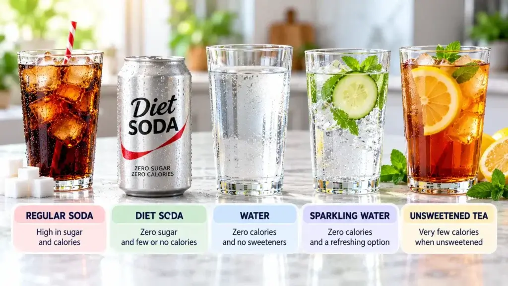 Low-calorie drink options including diet soda water sparkling water and unsweetened tea