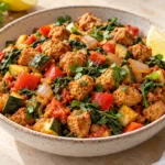 Soya chunks vegetable stir fry with tomato masala, zucchini, red pepper, spinach and lemon