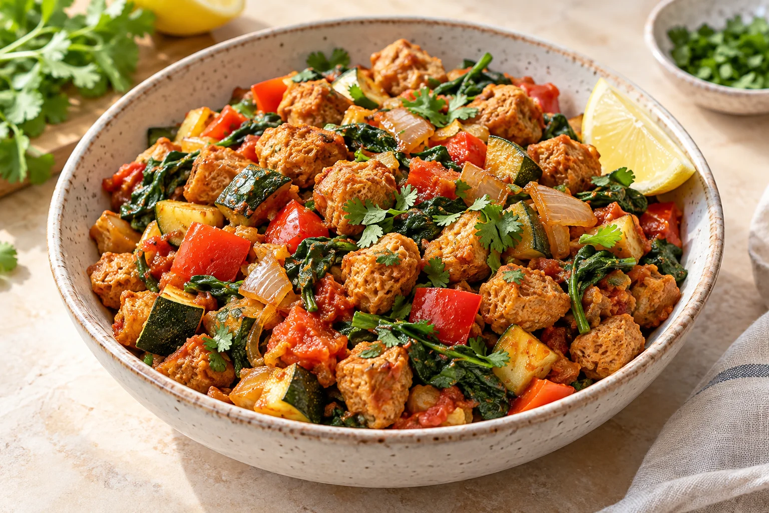 Soya chunks vegetable stir fry with tomato masala, zucchini, red pepper, spinach and lemon
