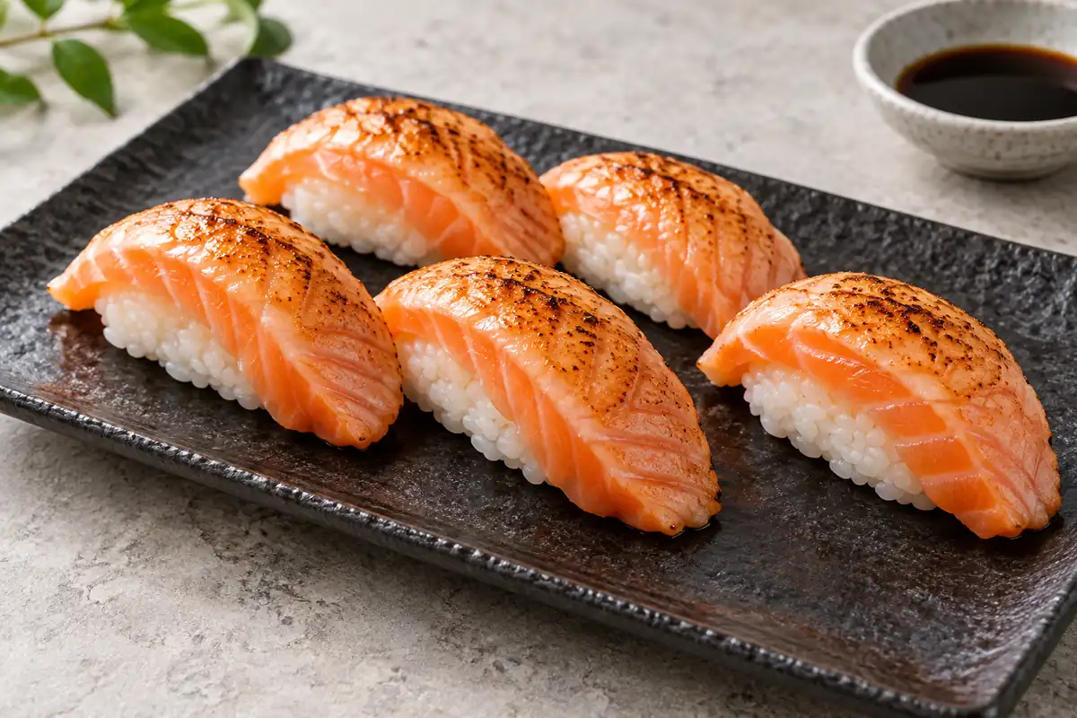 Lightly seared salmon nigiri on a dark rectangular plate with soy sauce
