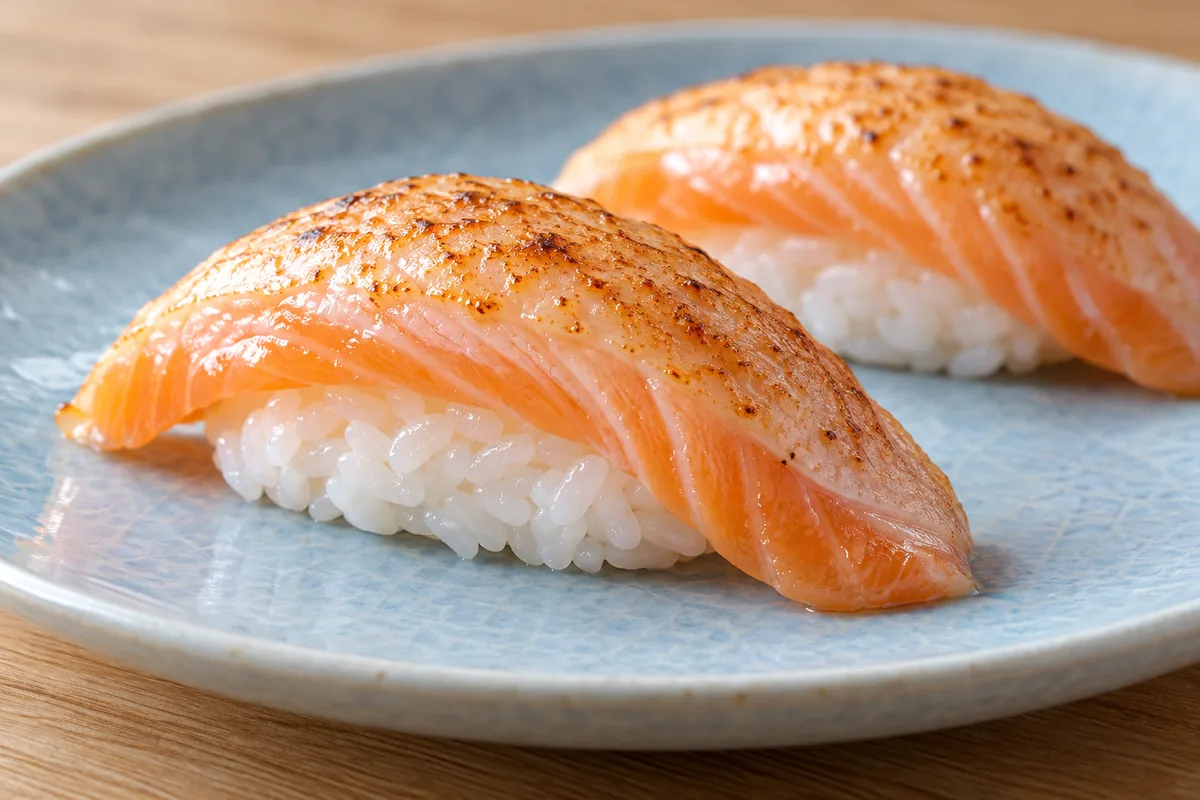 Close-up of lightly browned salmon over hand-shaped sushi rice on a blue plate