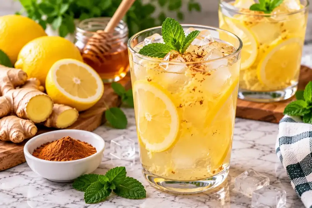 Cold lemon ginger drink with ice and fresh lemon