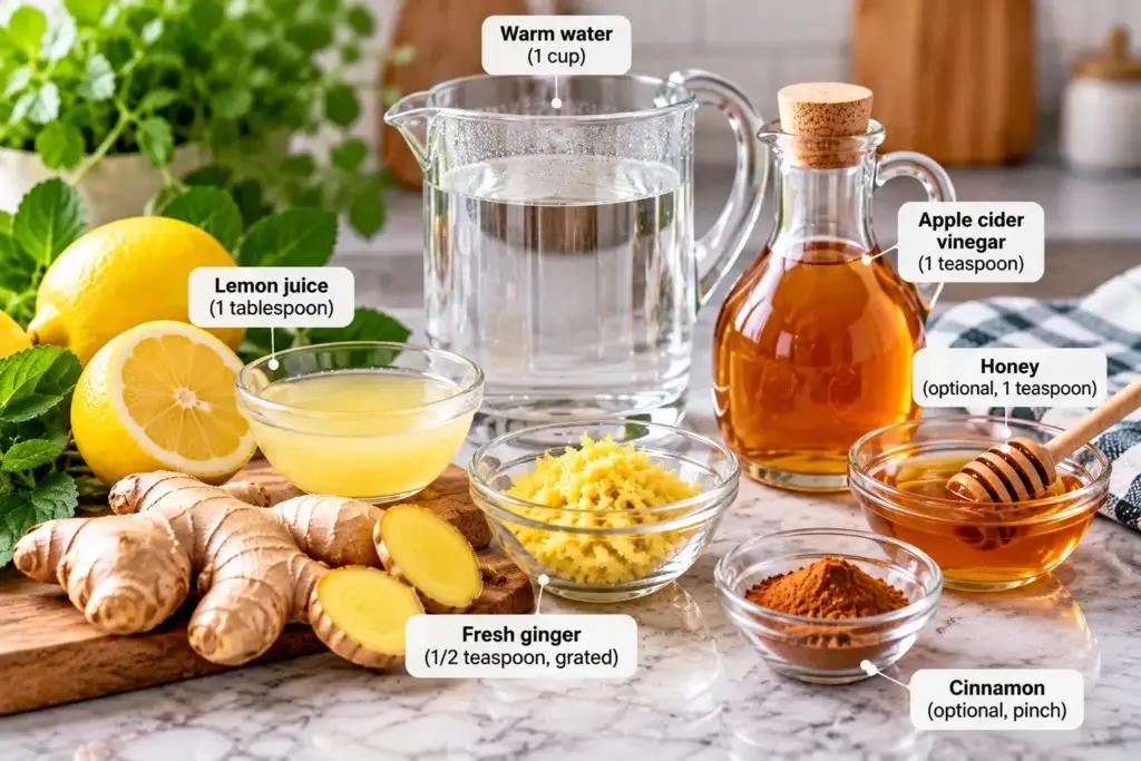 Arterial flush recipe ingredients with lemon ginger apple cider vinegar and honey