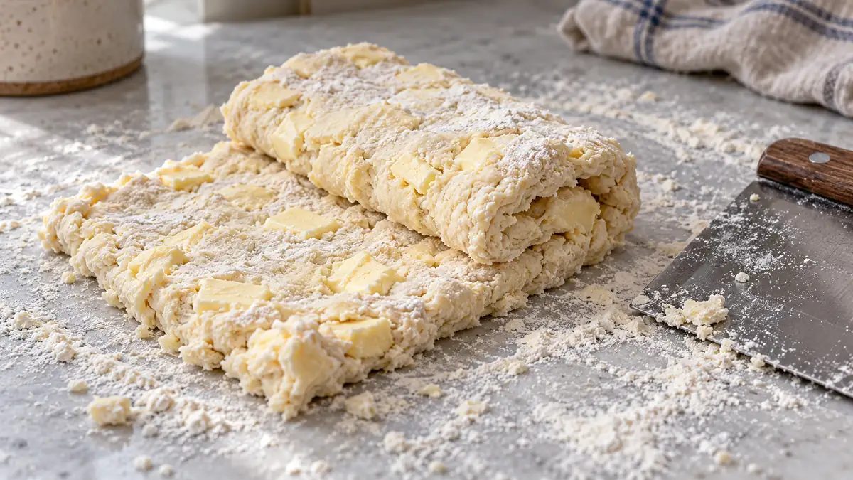 Illustration of rough biscuit dough folded on a lightly floured work surface
