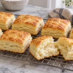Illustration of golden rectangular baking powder biscuits with a split tender center