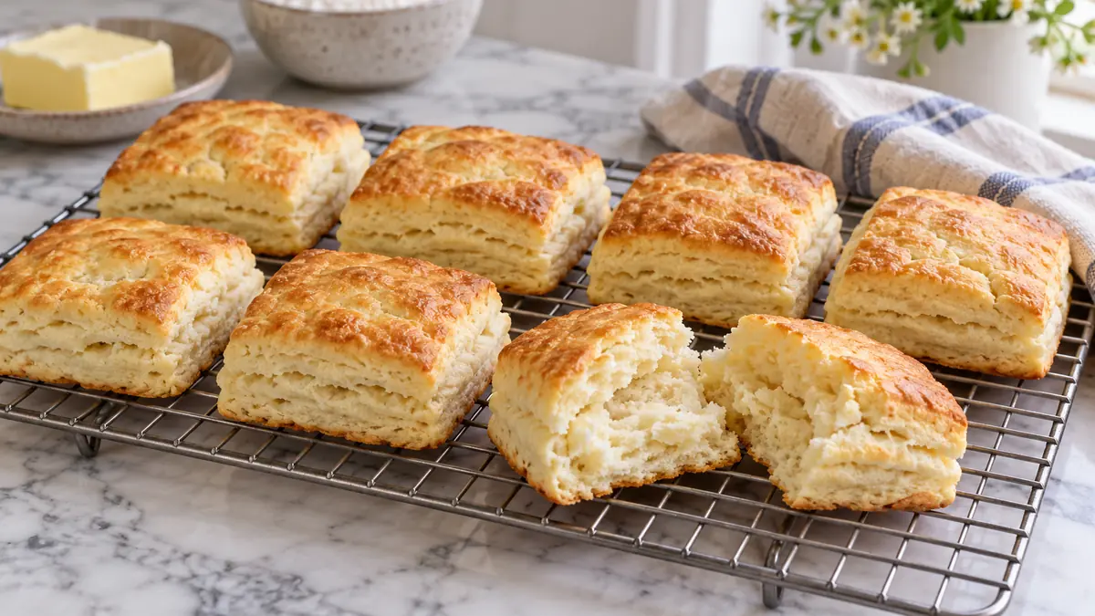 Illustration of golden rectangular baking powder biscuits with a split tender center