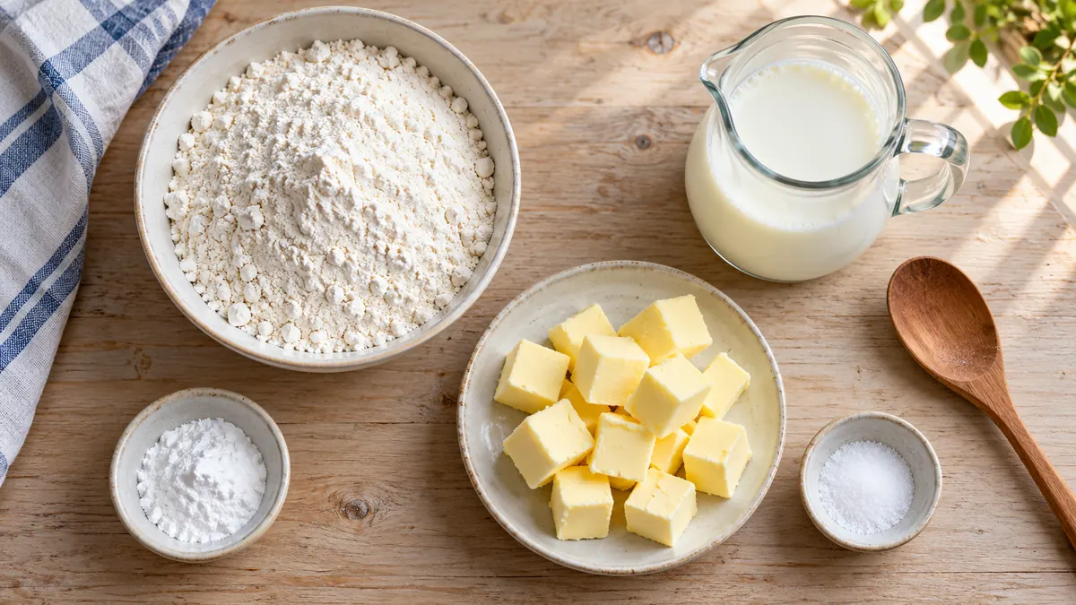 Illustration of flour baking powder salt cold butter and milk for biscuits
