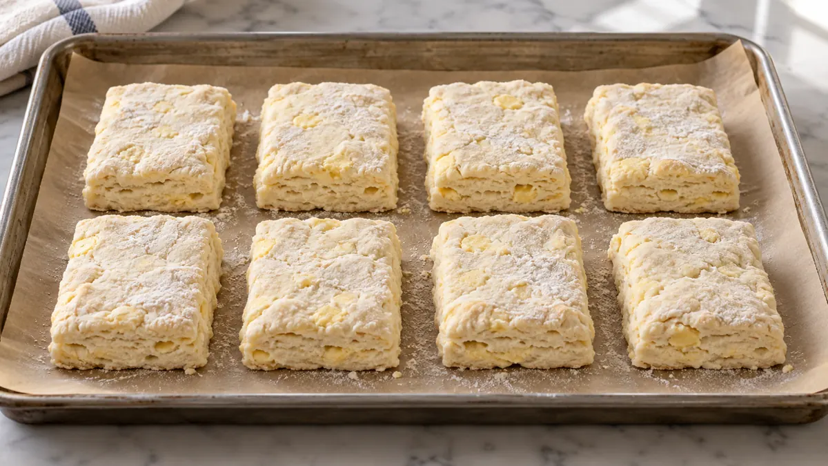 Illustration of eight rectangular biscuit dough pieces arranged on a baking tray