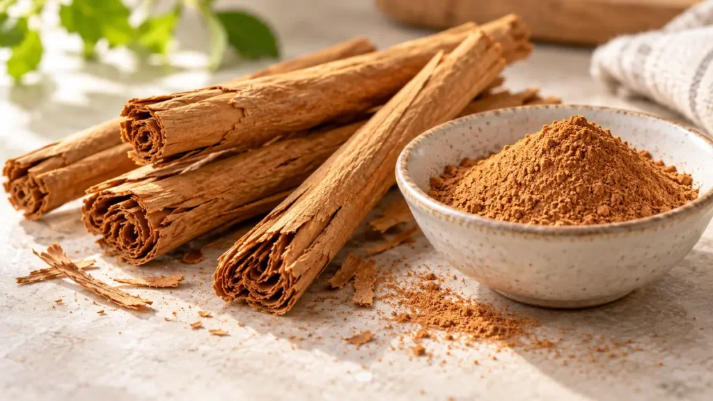 Illustration of layered Ceylon cinnamon quills beside ground cinnamon in a bowl