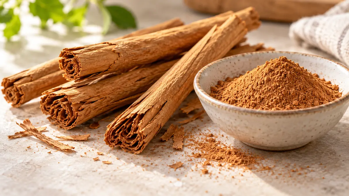 Illustration of layered Ceylon cinnamon quills beside ground cinnamon in a bowl