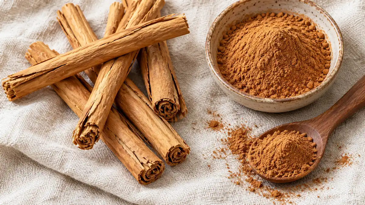 Illustration of thin layered Ceylon cinnamon sticks beside powder and a wooden spoon