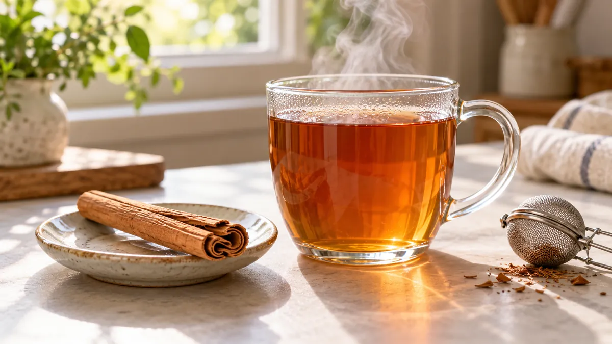 Illustration of a warm cinnamon infusion with a cinnamon quill on a saucer