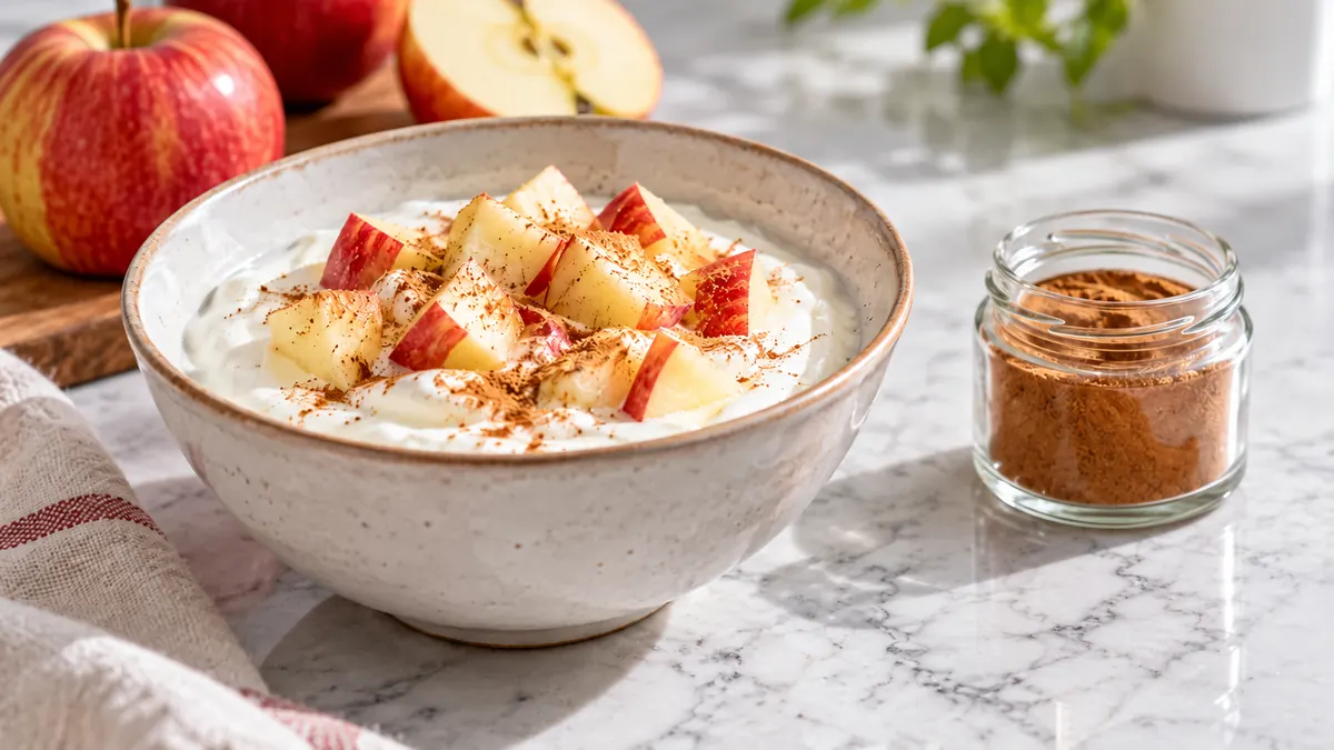 Illustration of plain yogurt with apple pieces and a light dusting of cinnamon