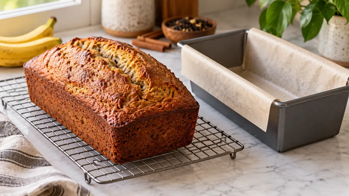 Plain baked banana bread cooling on a wire rack beside its loaf pan