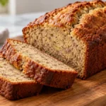 Chai-spiced banana bread loaf with two slices showing banana crumb and fine spice flecks