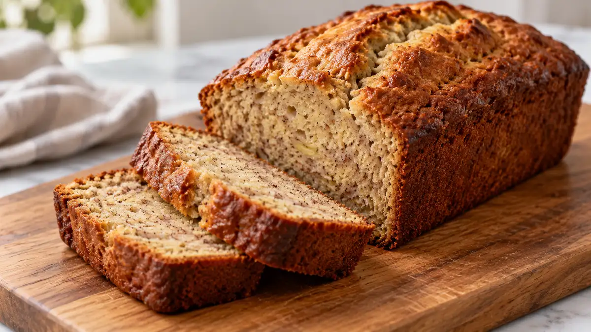 Chai-spiced banana bread loaf with two slices showing banana crumb and fine spice flecks