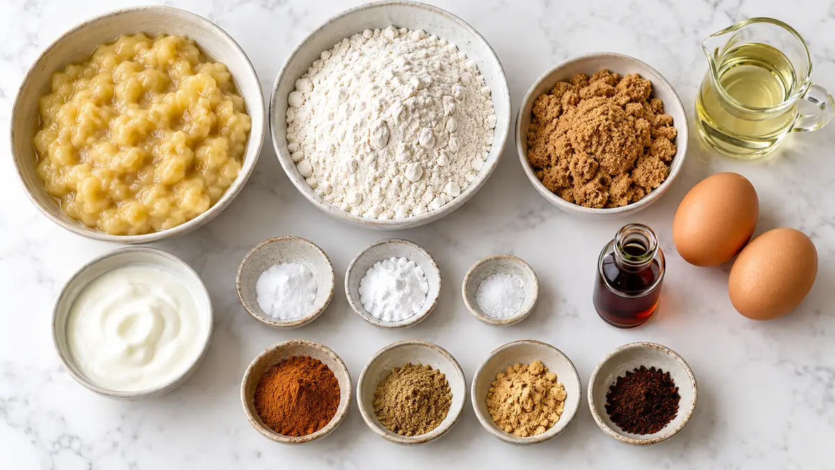 Mashed banana, flour, brown sugar, oil, eggs, yogurt, vanilla, leaveners and four ground spices