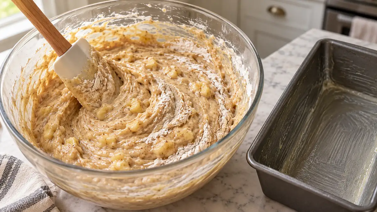Spatula folding spiced flour into banana batter beside a loaf pan