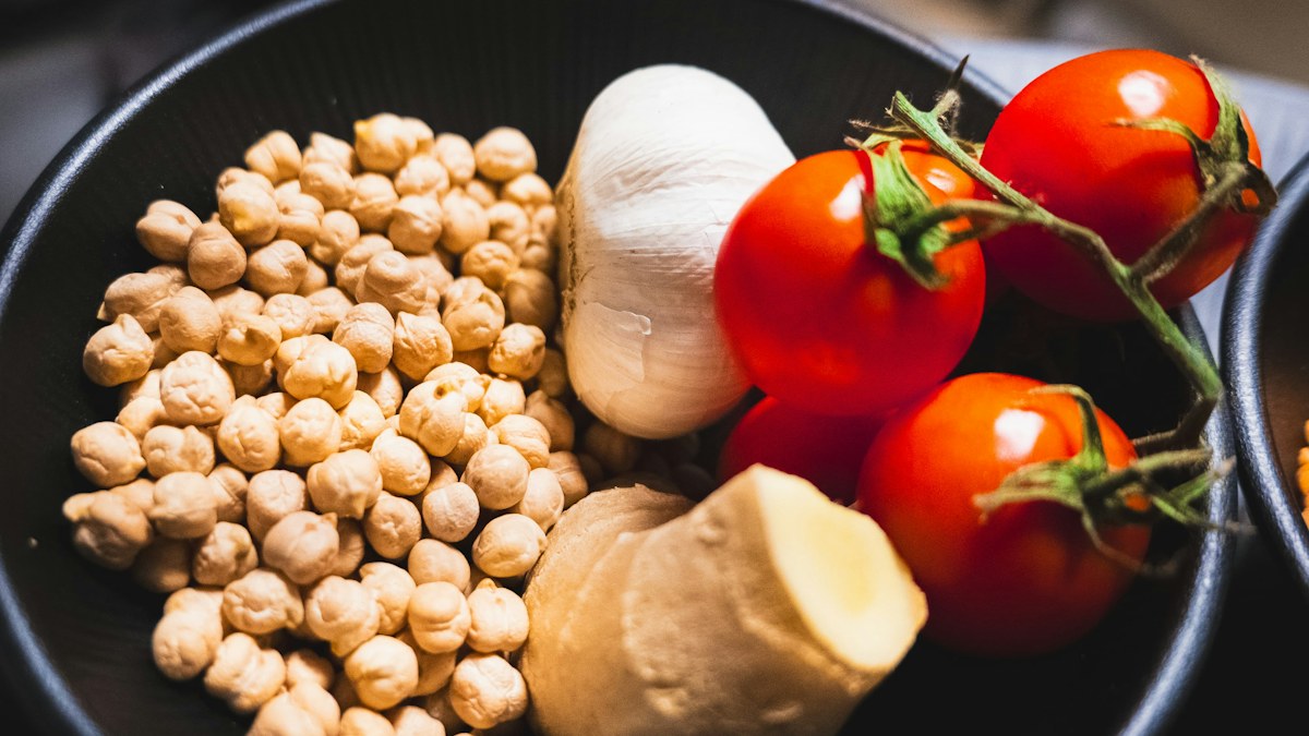 Chickpeas and tomatoes prepared for Mediterranean-style lunches