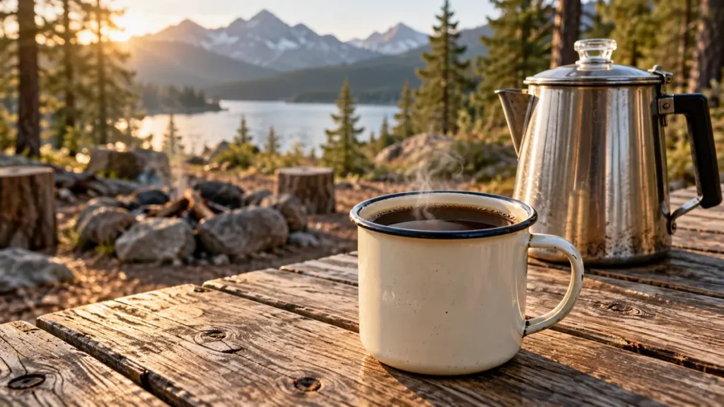 Illustration of black cowboy coffee in an enamel mug beside a camping coffee pot