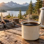 Illustration of black cowboy coffee in an enamel mug beside a camping coffee pot