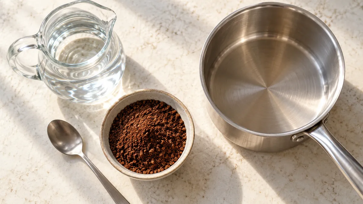 Illustration of ground coffee water and a saucepan for cowboy coffee