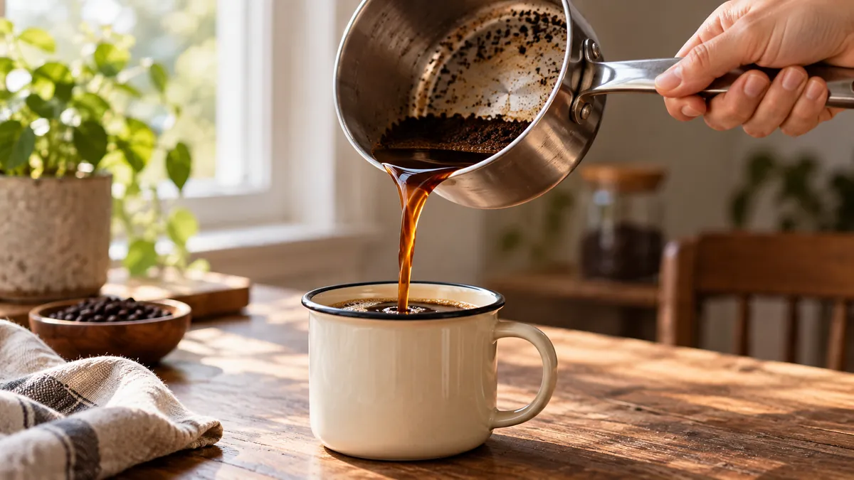 Illustration of slowly pouring brewed cowboy coffee from a saucepan into an enamel mug