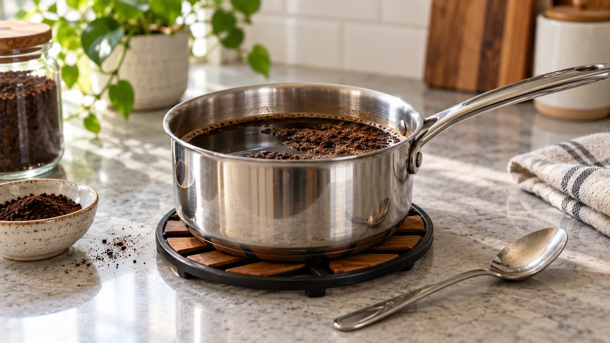 Illustration of coffee grounds steeping in a saucepan on a trivet