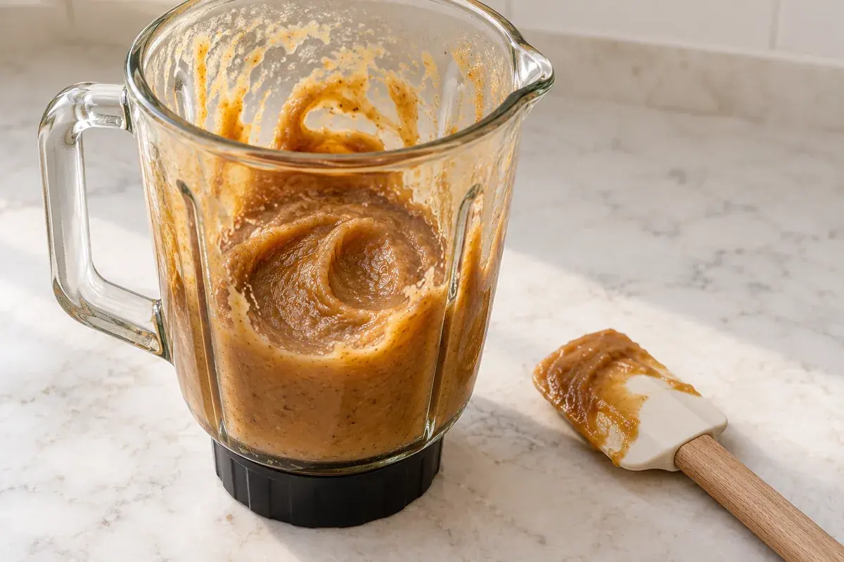 Illustration of blended date caramel in a blender jug beside a spatula