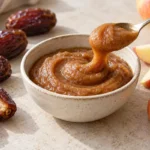 Illustration of thick date caramel sauce with Medjool dates and apple slices