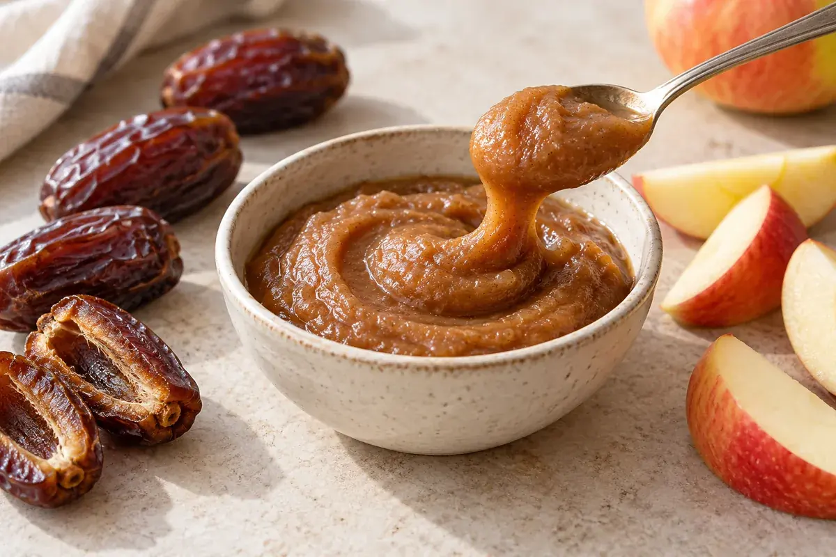 Illustration of thick date caramel sauce with Medjool dates and apple slices