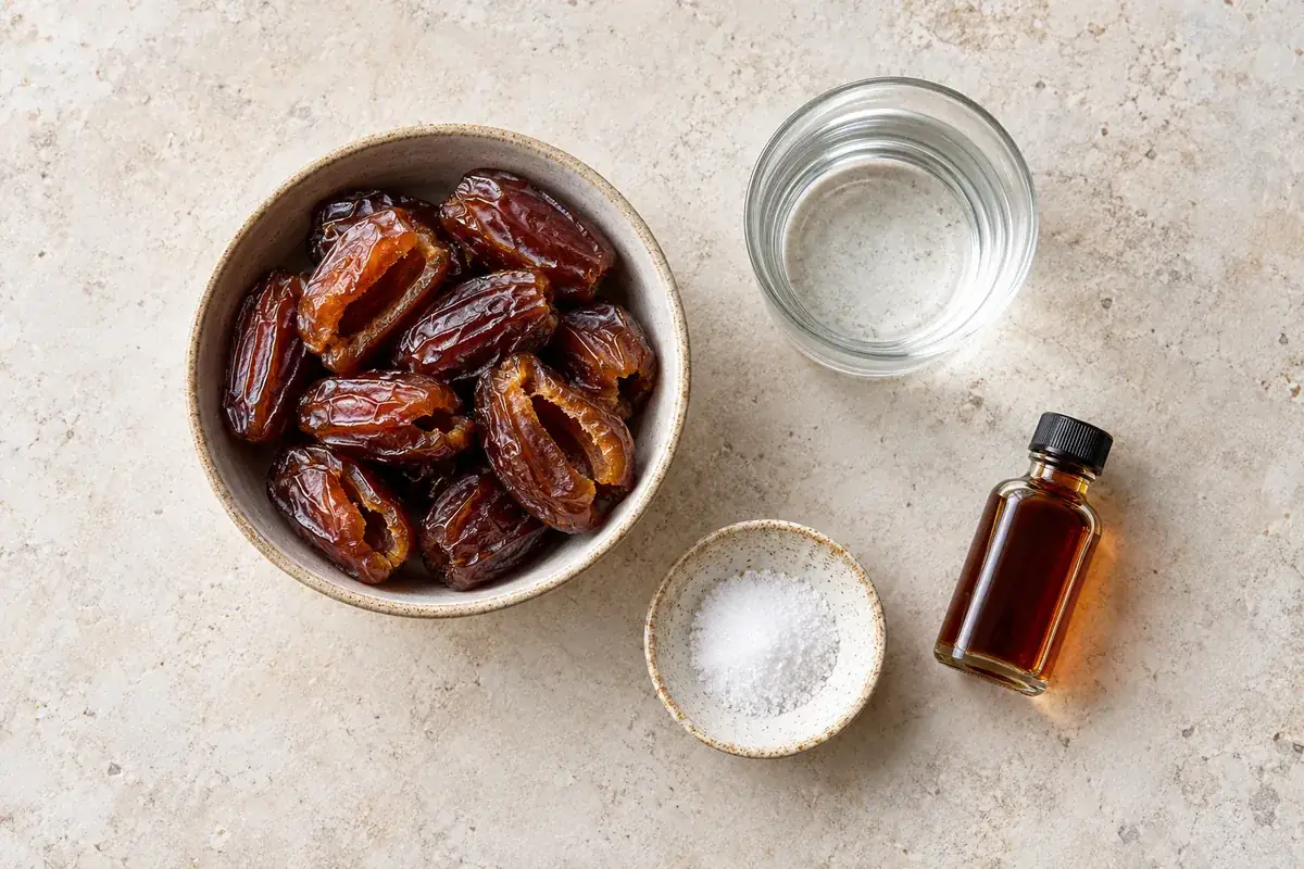 Illustration of dates water vanilla extract and salt for date caramel