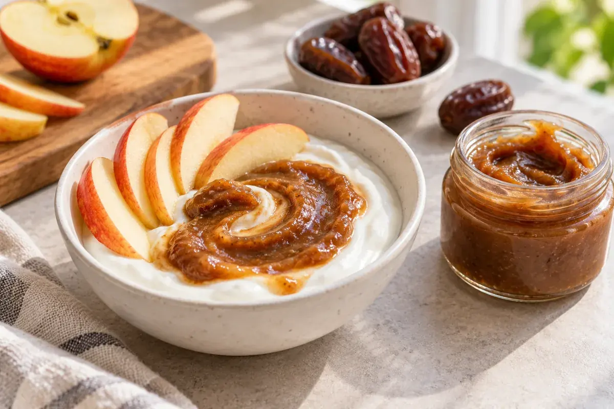 Illustration of date caramel swirled over yogurt with sliced apple