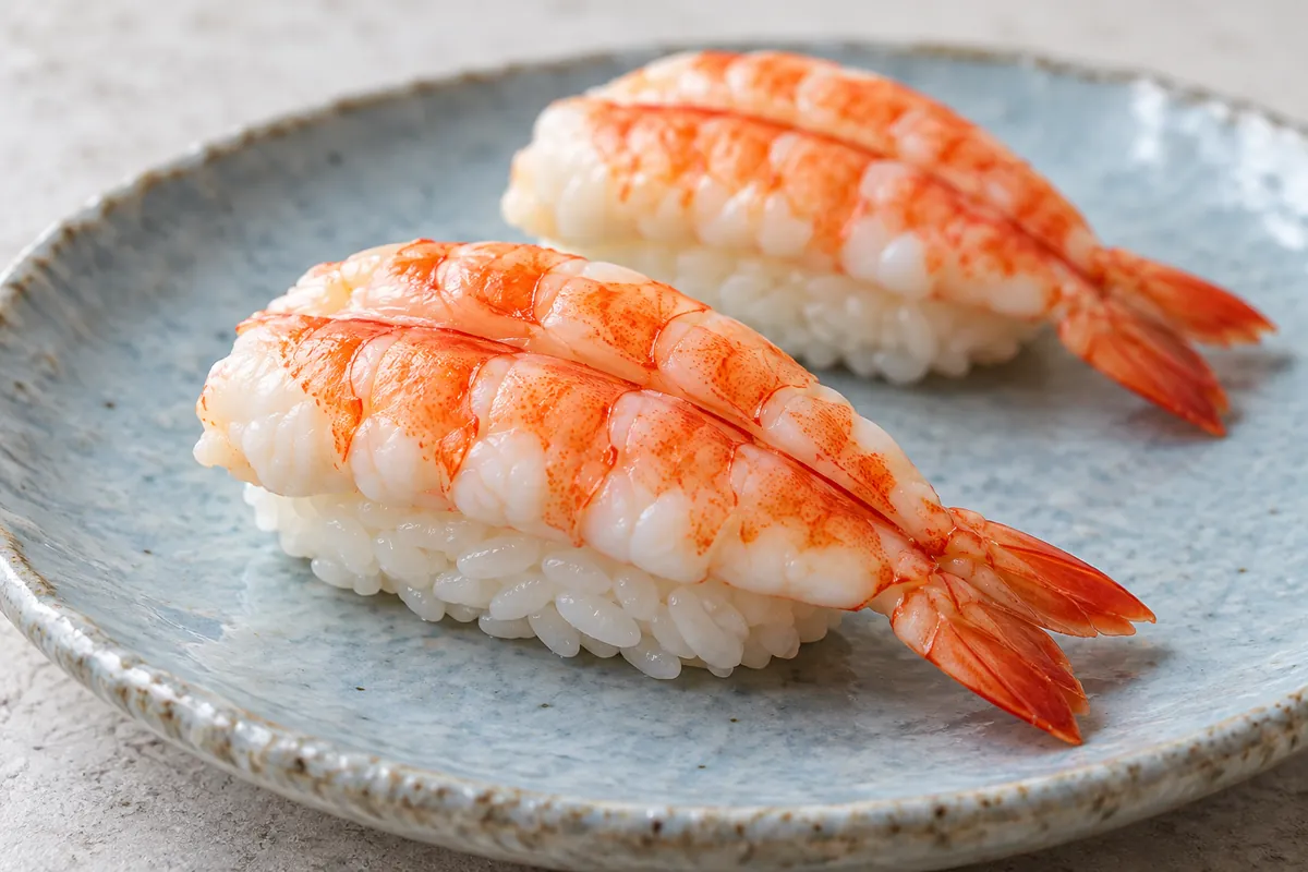 Close-up of cooked butterfly shrimp nigiri showing orange and white shrimp over sushi rice