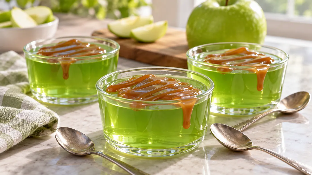Green apple gelatin cups topped with a drizzle of caramel sauce