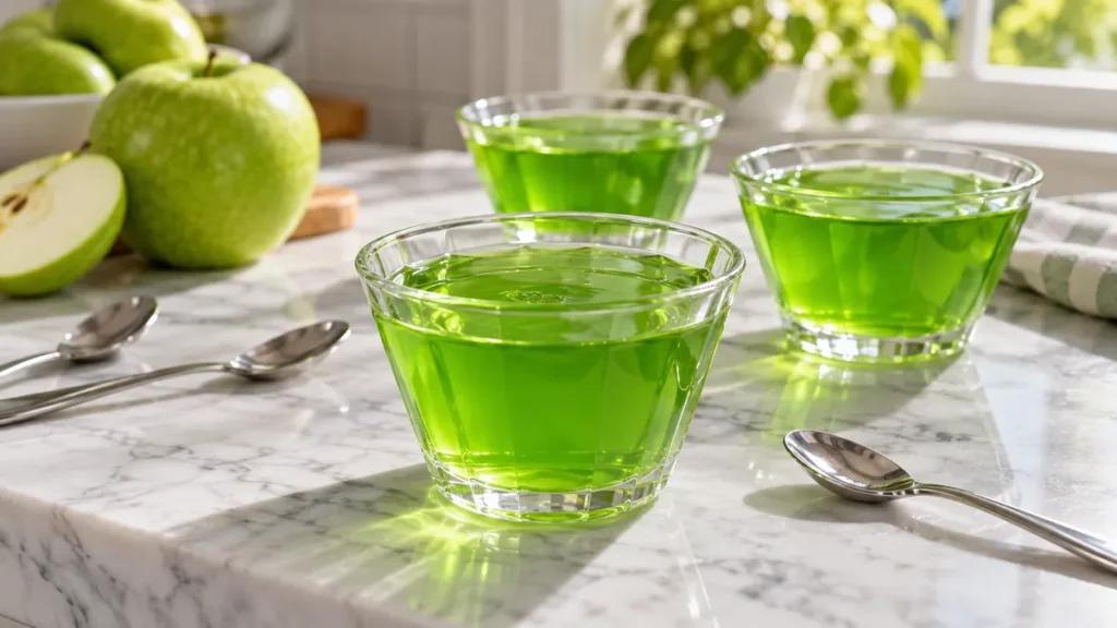 Clear cups of bright green apple gelatin with small dessert spoons