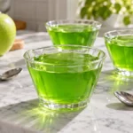 Clear cups of bright green apple gelatin with small dessert spoons