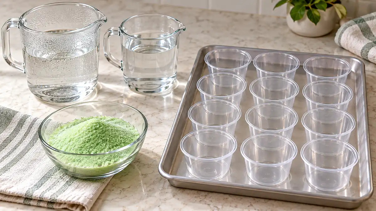 Green gelatin dessert powder, two jugs of water and empty cups on a tray