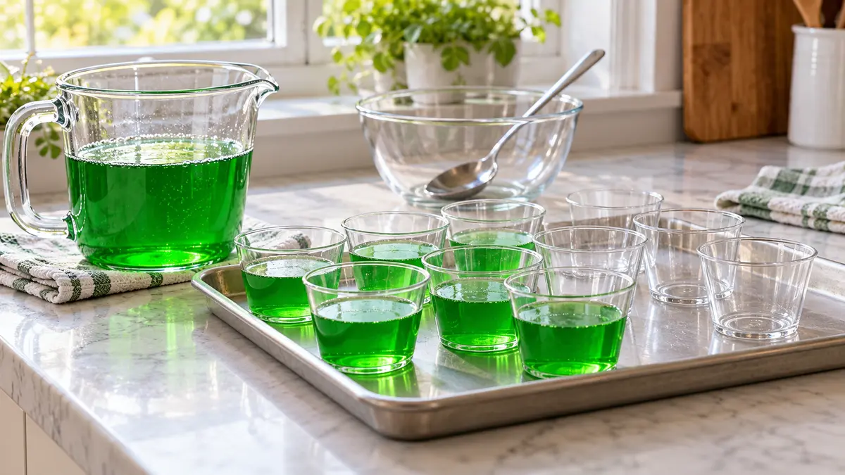 Green dissolved gelatin in a pouring jug beside partly filled dessert cups