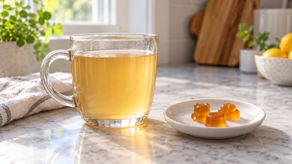 Illustration of a warm drink beside generic unbranded gummies
