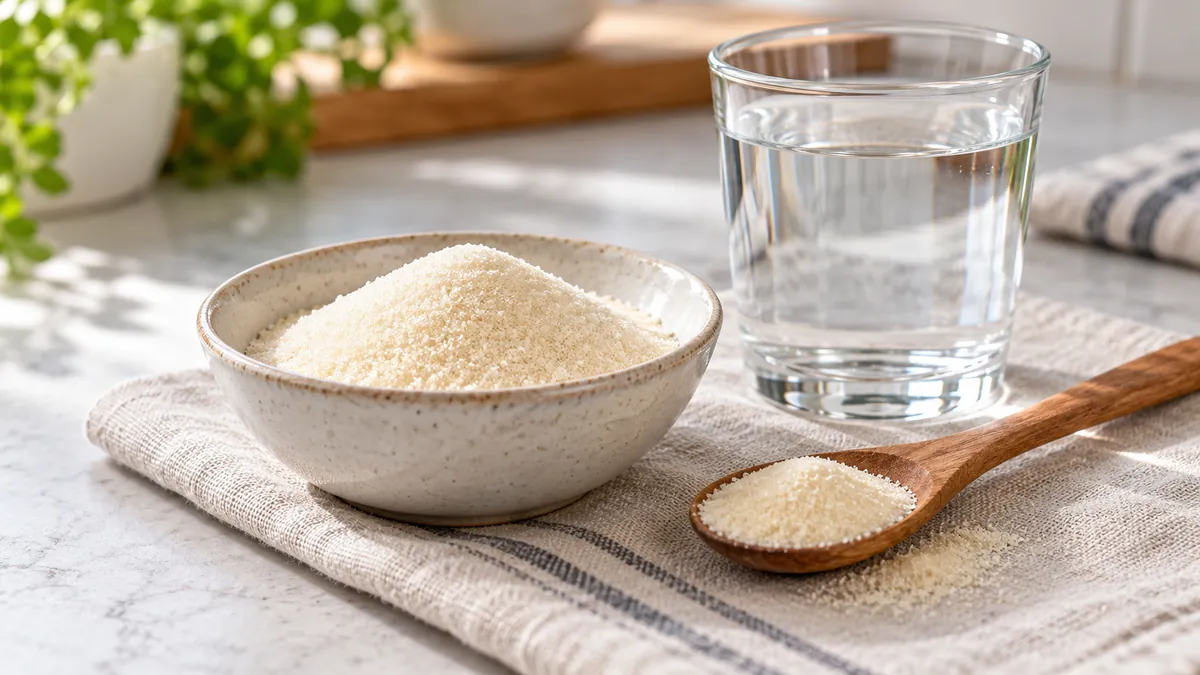 Illustration of plain gelatin powder in a bowl beside a spoon and water