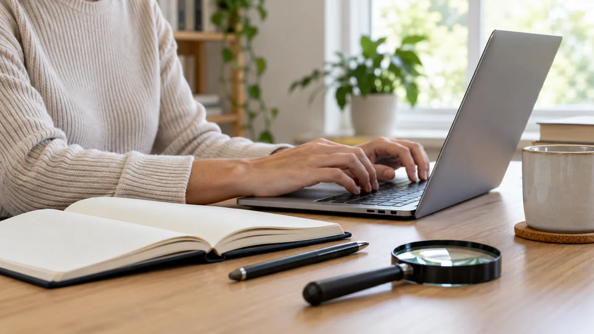 Illustration of a person researching product information with a laptop and notebook
